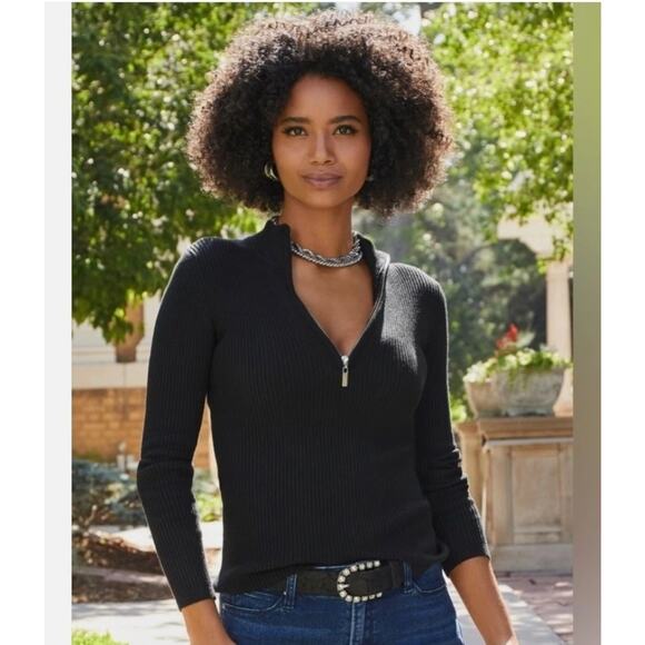 Boston Proper Sweater Sz Sm Black Ribbed Knit Quarter Zip Mock Neck Pullover - Picture 7 of 12